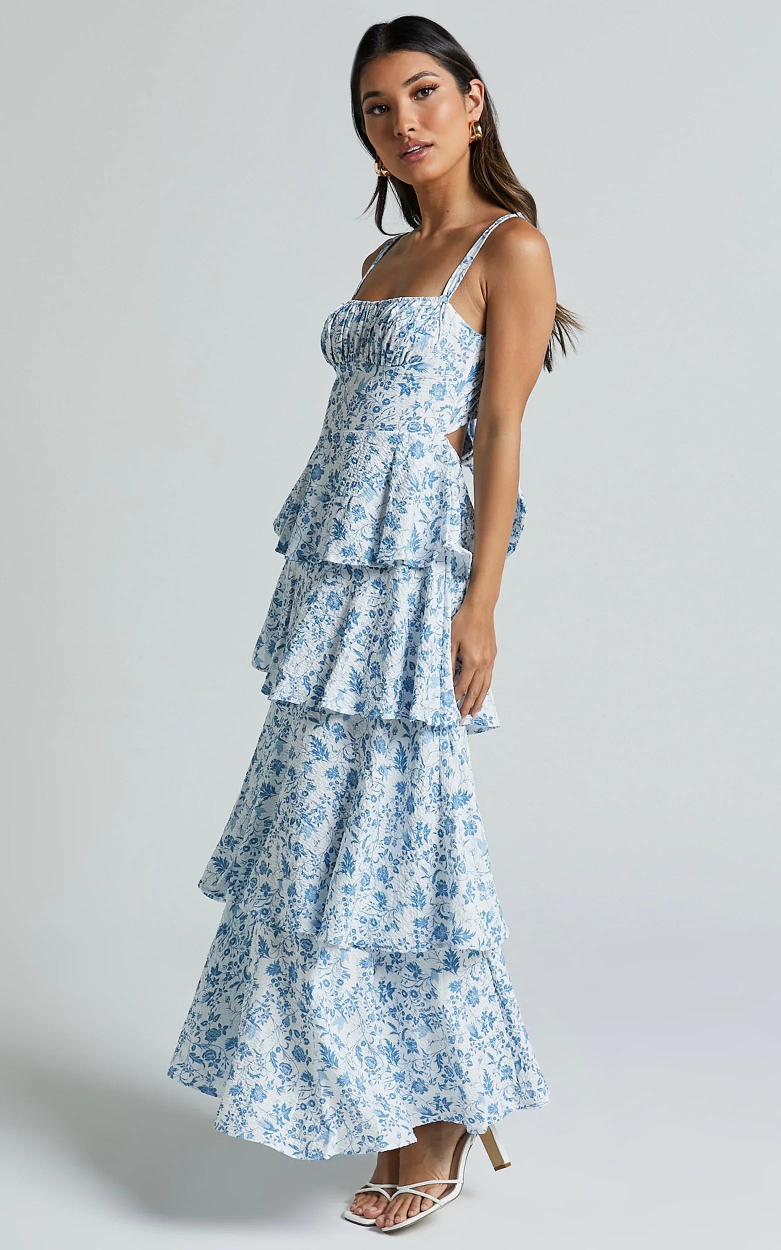 Lorma Midi Dress - Ruched Layered Dress in Blue Floral