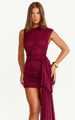 Baylee Mini Dress - Gathered One Shoulder Bodycon Dress in Wine